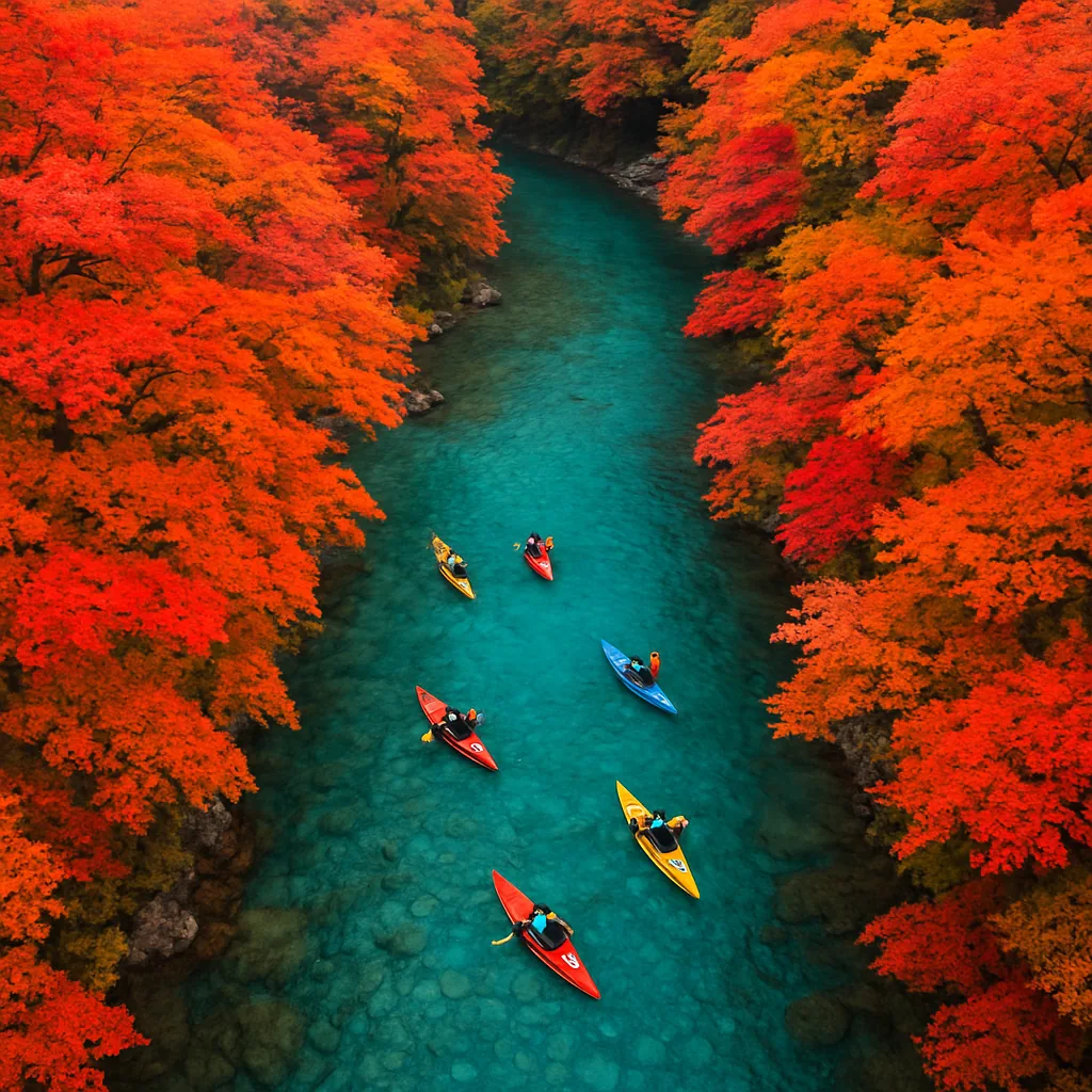 川を空から見下ろした紅葉のカヤック風景